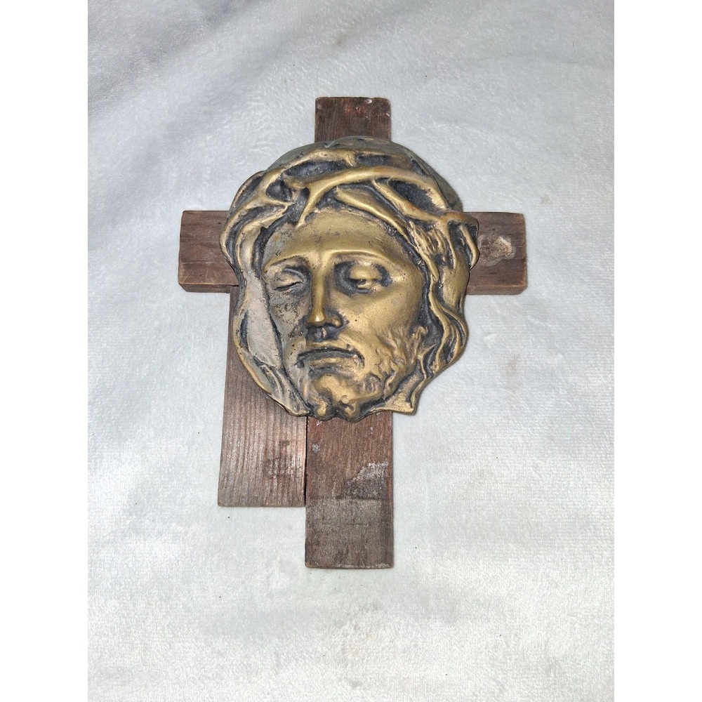 Vintage Style Jesus Crown of Thorns Wall Cross Gold Relief Rustic Wood 7"